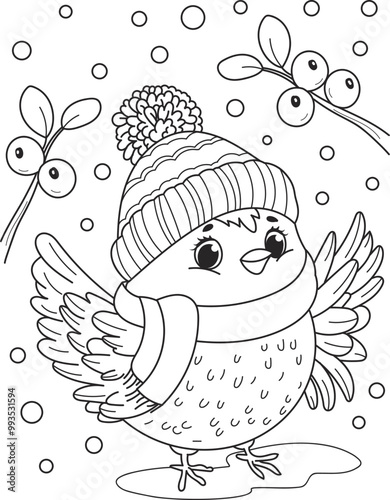 Coloring page outline of cartoon smiling cute little bird with snowflakes. Colorful vector illustration, winters coloring book for kids.