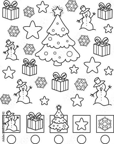 Coloring page outline of the cartoon snowman, christmas tree, snowflake, star, gift. Colorful vector illustration of educational game for preschool children, winters coloring book for kids.