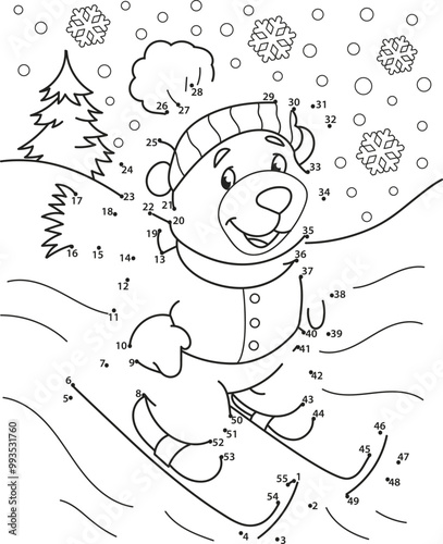 Connect the dots. Bear skiing. Coloring page outline of the cartoon numbers game. Colorful vector illustration of educational dot to dot game for preschool children, winters coloring book for kids.