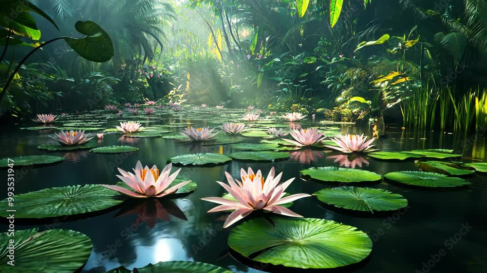 Pink water lilies float on a calm pond surrounded by lush greenery in a tropical forest Pink water lilies float on a calm pond surrounded by lush greenery in a tropical forest