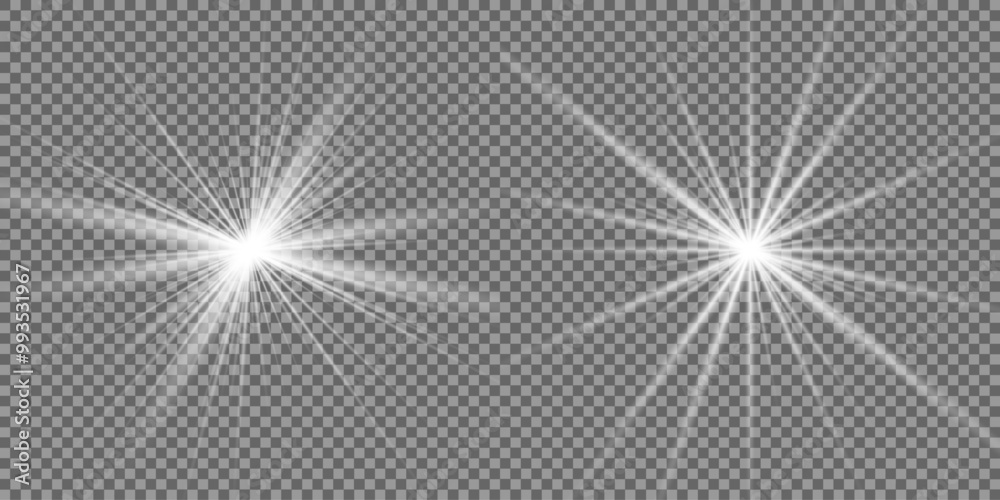 Obraz premium Light effect set. Glow isolated white transparent light effect set, lens flare, explosion, glitter, dust, line, sun flash, spark and stars, spotlight, curve twirl. Sunlight, abstract special effect.