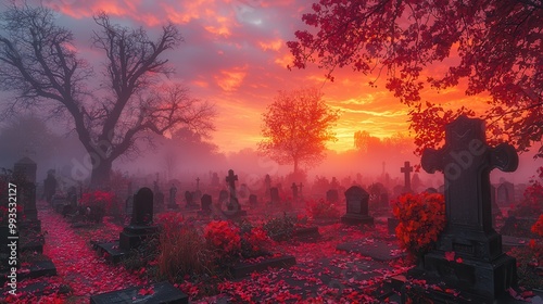 Misty Autumn Sunset in a Serene Graveyard