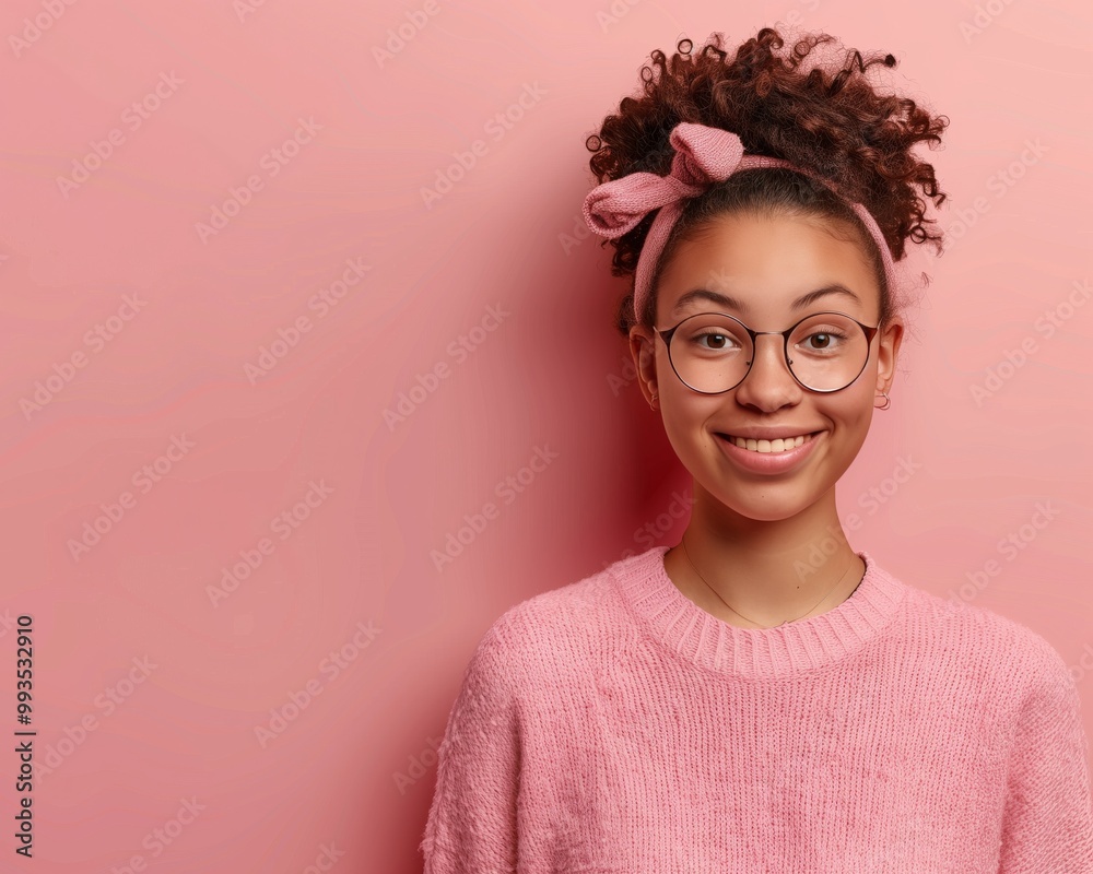 Smiling Young Woman with Curly Hair and Glasses in Pink Sweater Against Pink Background Smiling Young Woman with Curly Hair and Glasses in Pink Sweater Against Pink Background
