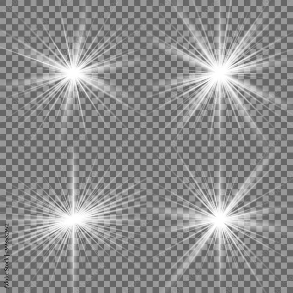 Fototapeta premium Light effect set. Glow isolated white transparent light effect set, lens flare, explosion, glitter, dust, line, sun flash, spark and stars, spotlight, curve twirl. Sunlight, abstract special effect.