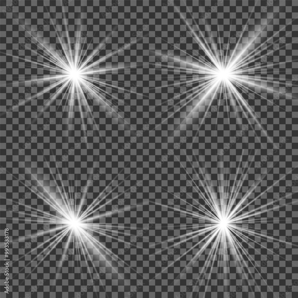 Obraz premium Light effect set. Glow isolated white transparent light effect set, lens flare, explosion, glitter, dust, line, sun flash, spark and stars, spotlight, curve twirl. Sunlight, abstract special effect.