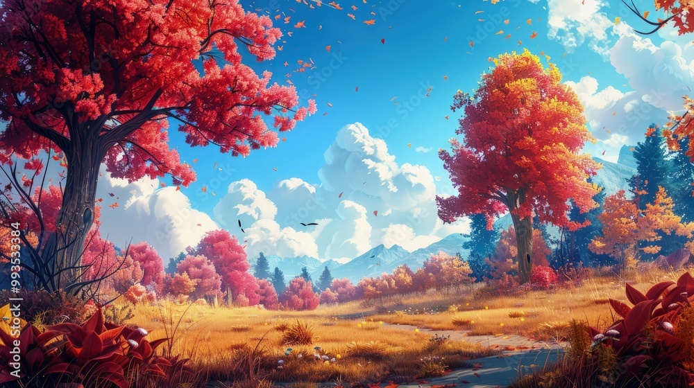 Autumnal Landscape with Majestic Trees and a Serene Sky Autumnal Landscape with Majestic Trees and a Serene Sky