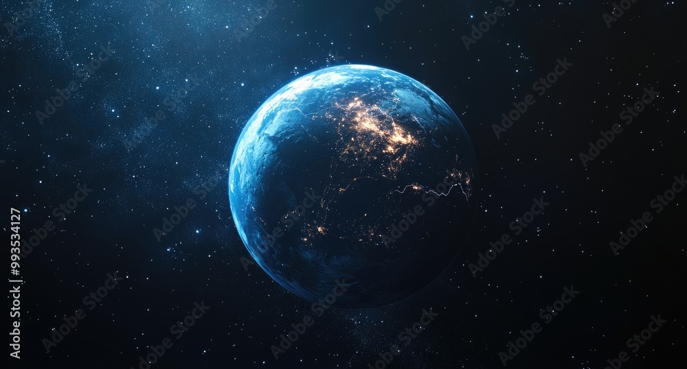 A blue planet Earth with glowing light from the sun in space. A blue planet Earth with glowing light from the sun in space.