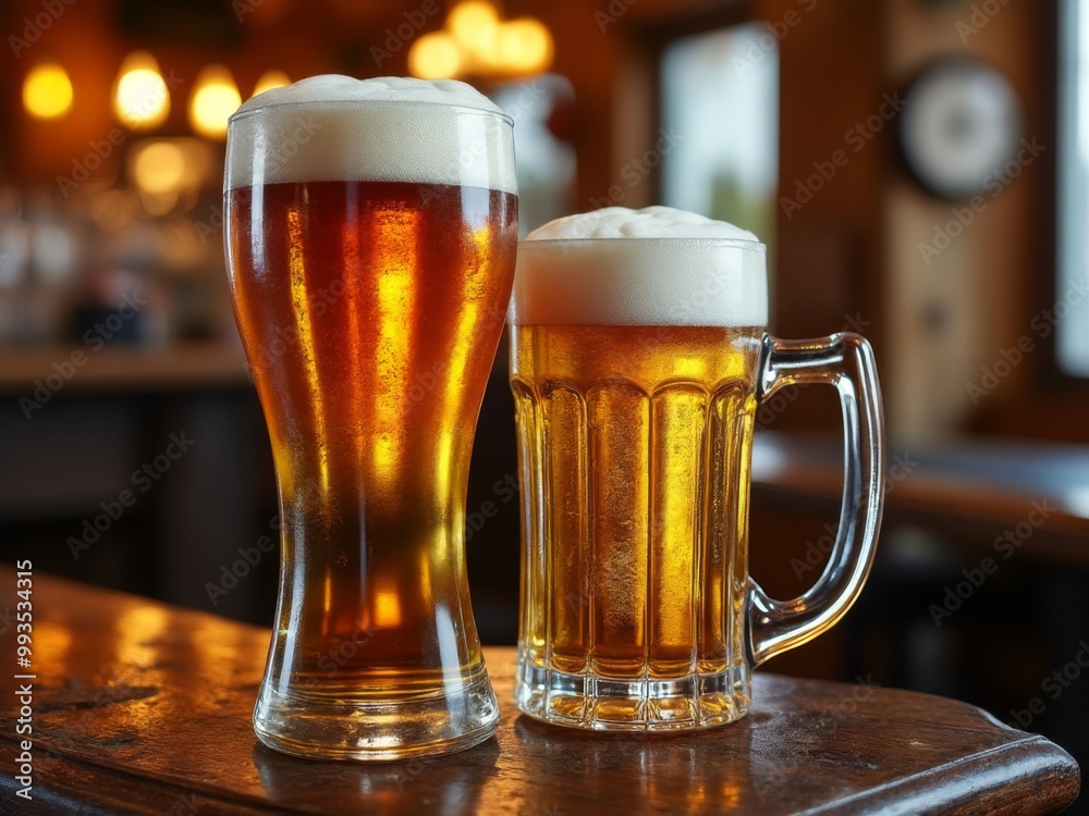 Two Glasses of Beer, Tall Amber Ale and Light Lager with Frothy Heads, Served on Wooden Bar in Cozy Pub with Warm Lighting Two Glasses of Beer, Tall Amber Ale and Light Lager with Frothy Heads, Served on Wooden Bar in Cozy Pub with Warm Lighting