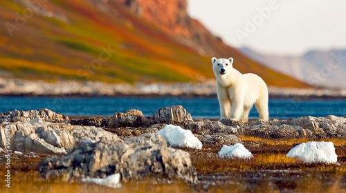 A lone polar bear wanders a...