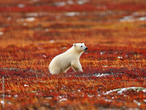 A lone polar bear wanders a...