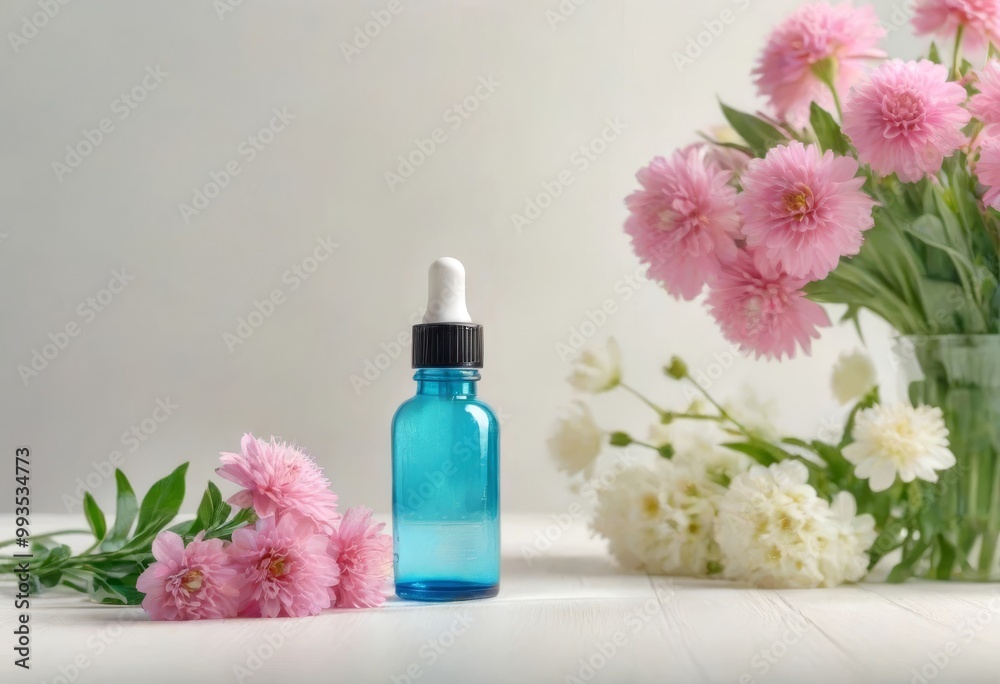 A bottle of essential oil with a pipette and flowers on a light background A bottle of essential oil with a pipette and flowers on a light background