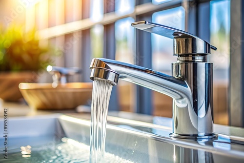 A close-up of water flowing through a water-saving aerator, the faucet in a modern bathroom sink, with bright reflections and soft natural light promoting eco-conscious household solutions. photo