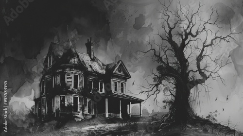 black and white drawing of a haunted house with a scary tree in the background, Halloween elements, Happy Halloween