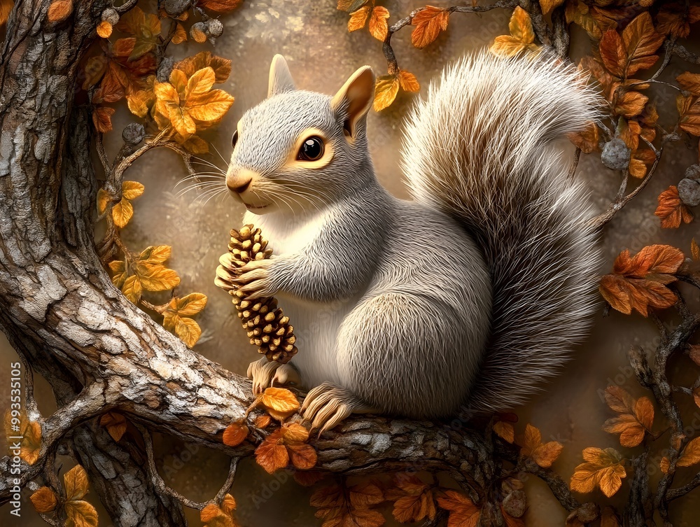 Fluffy Gray Squirrel Perched on a Branch Surrounded by Autumn Foliage in a Cozy Woodland Scene Fluffy Gray Squirrel Perched on a Branch Surrounded by Autumn Foliage in a Cozy Woodland Scene