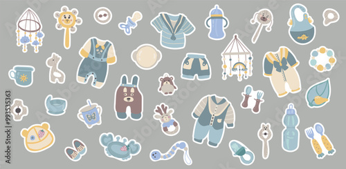 Set of stickers It's a boy. Overalls, pants, shorts, T-shirt, toys, dishes.
