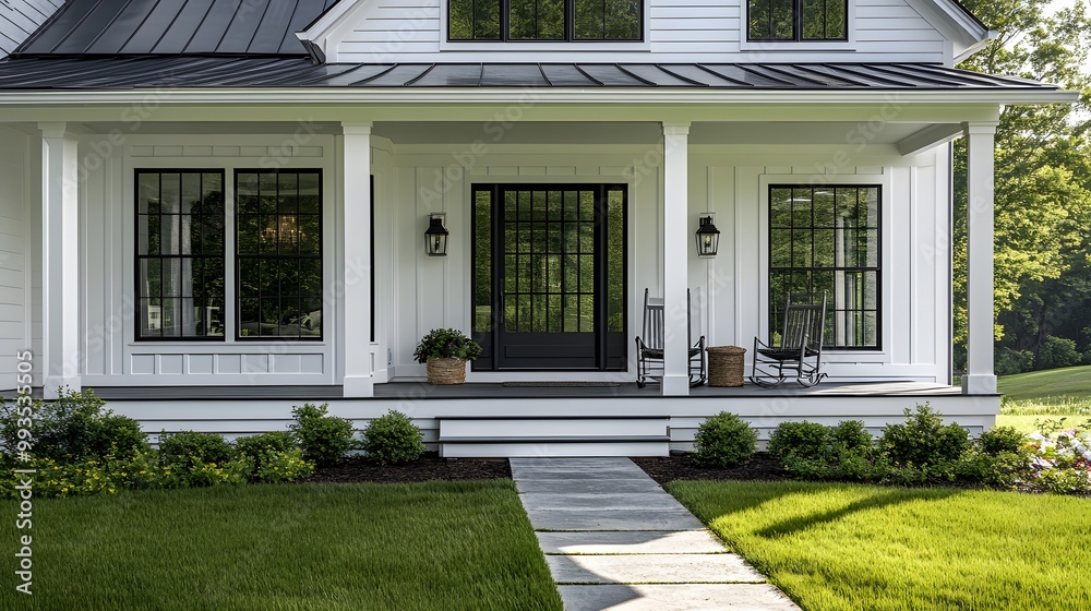 Modern farmhouse exterior with white siding, black windows and door, covered porch, rocking chair, glass paneled front door, lush green lawn, architectural photography. Modern farmhouse exterior with white siding, black windows and door, covered porch, rocking chair, glass paneled front door, lush green lawn, architectural photography.