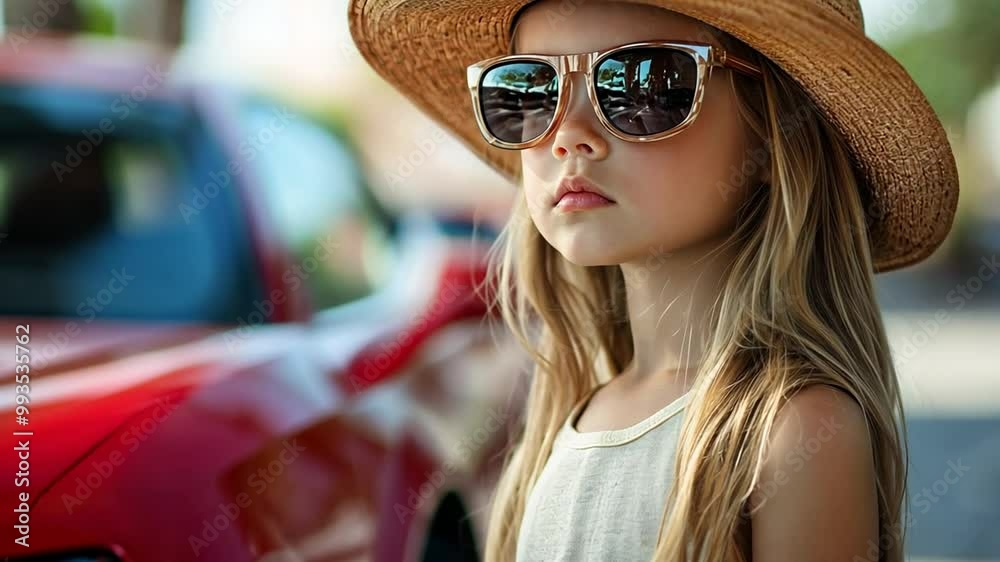 Young Girl in Stylish Sunglasses and Straw Hat Near a Red Car Generative AI Young Girl in Stylish Sunglasses and Straw Hat Near a Red Car Generative AI