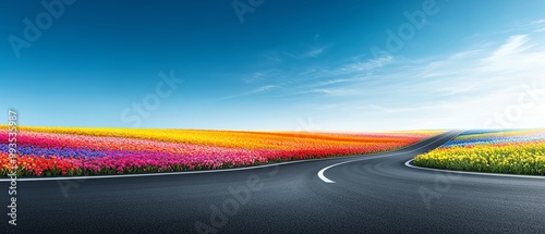 Colorful flower fields beside a winding road.