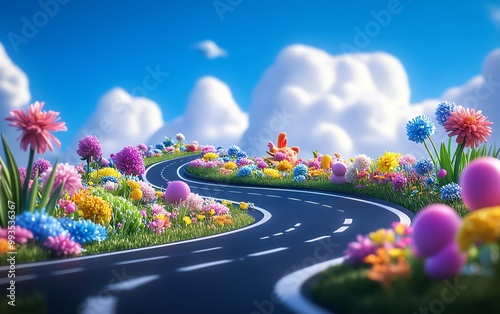 Colorful flower road under blue sky