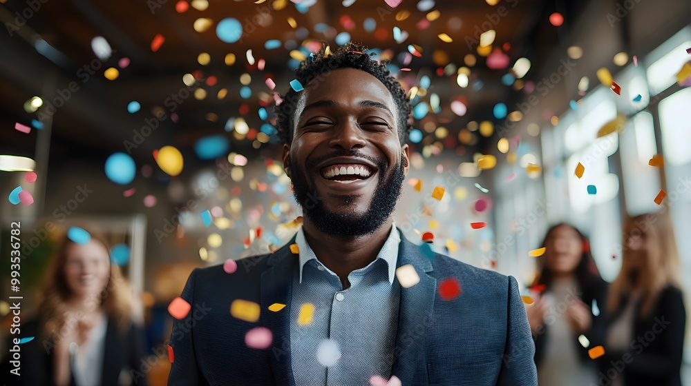 Happy Black man in a business suit celebrating achievements with confetti raining down in an office, coworkers in the background smiling. Realism, bright lighting, high detail, dynamic composition Happy Black man in a business suit celebrating achievements with confetti raining down in an office, coworkers in the background smiling. Realism, bright lighting, high detail, dynamic composition