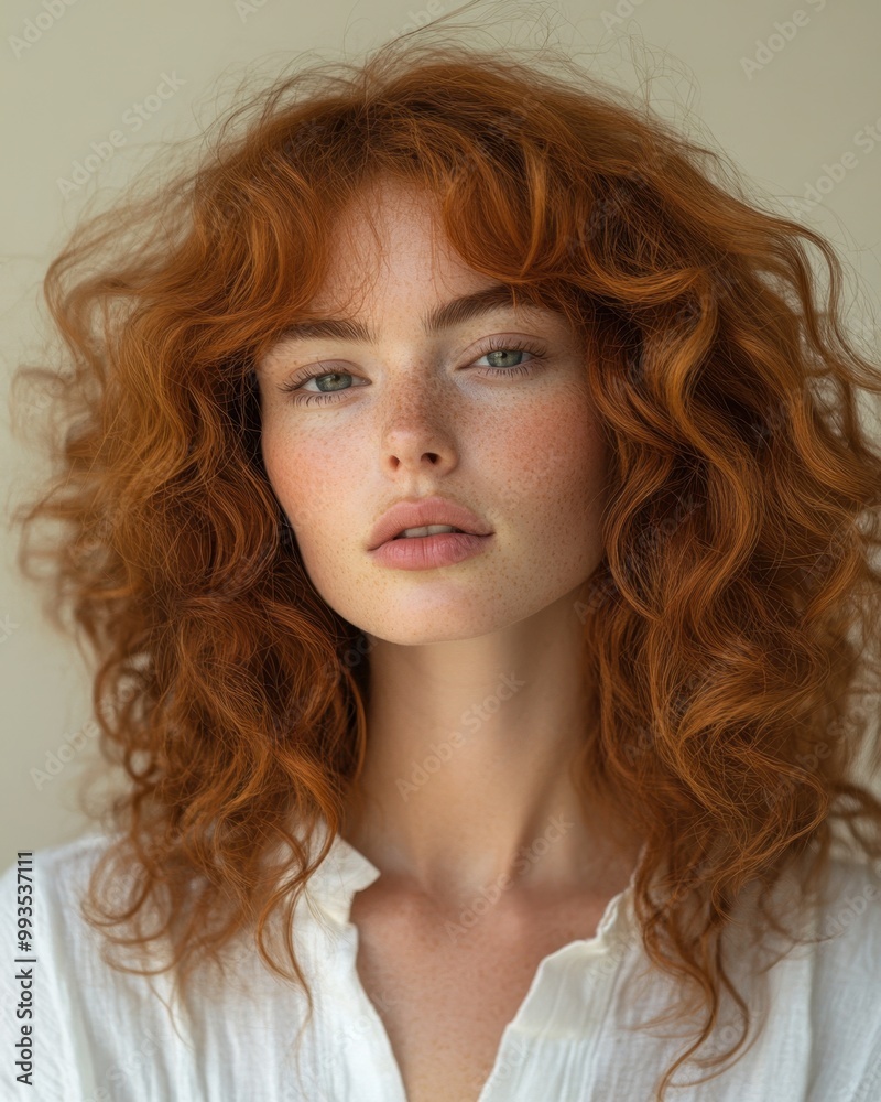 Woman with Curly Auburn Hair in Motion Wearing Casual White Shirt