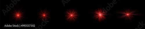 Red light effect reflections, neon illumination in red colors. Bright light lens. Police light effects, lines. Shiny stars, glowing sparks on a black background. Vector