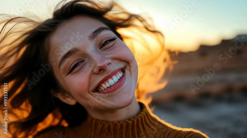 A woman with long brown hair smiles brightly as she looks at the sunset photo