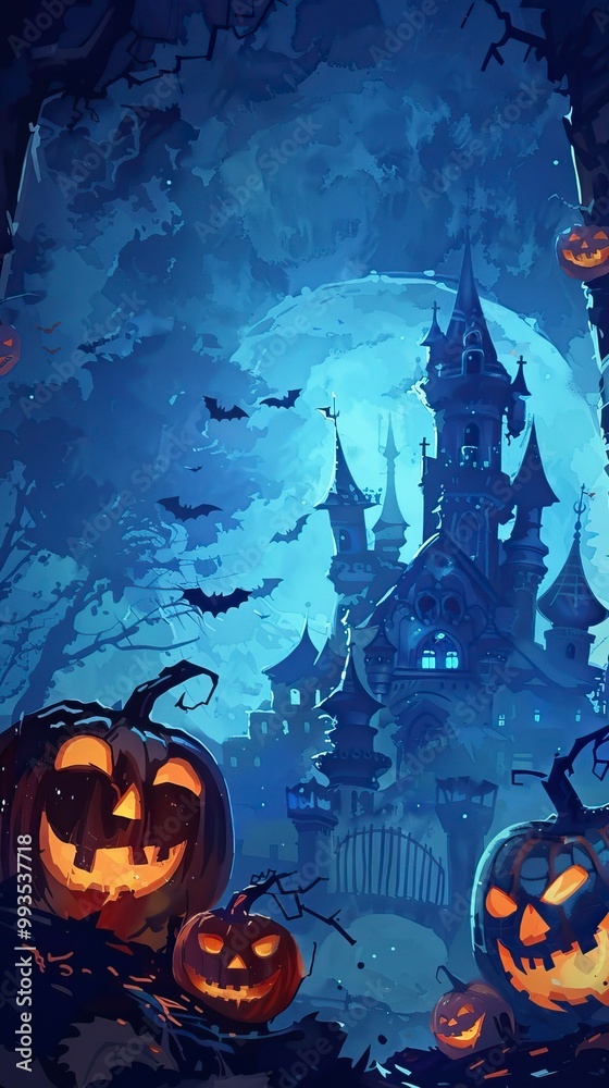 Blue background of pumpkins and castle, Halloween elements, Happy Halloween