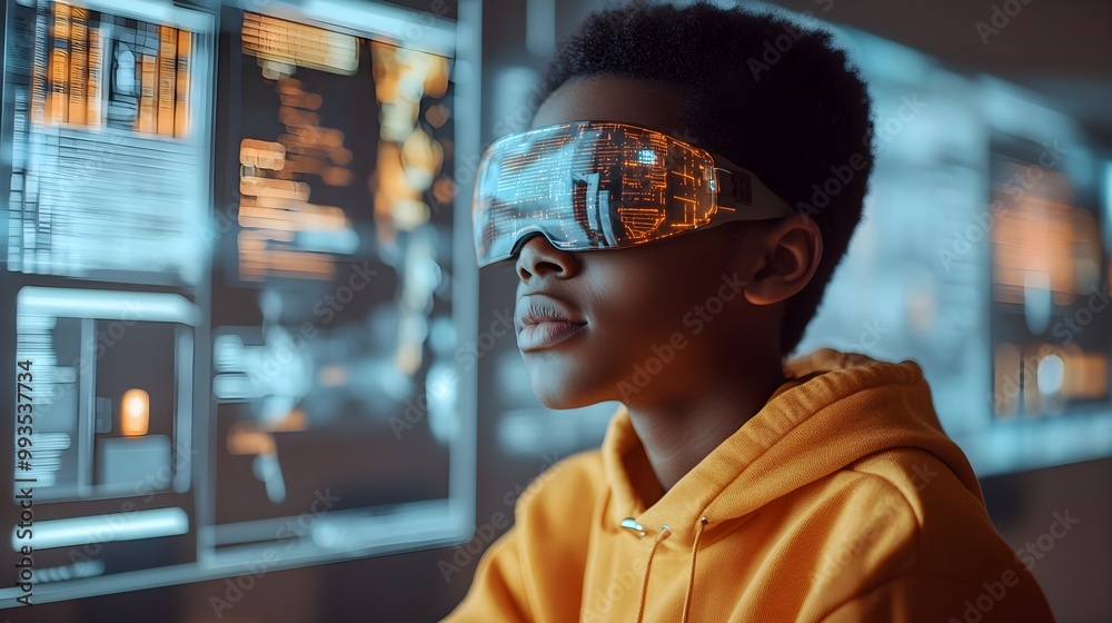 Futuristic classroom setting, Black student reviewing augmented reality data, focusing on cybersecurity warnings, artificial intelligence, and personal privacy issues Futuristic classroom setting, Black student reviewing augmented reality data, focusing on cybersecurity warnings, artificial intelligence, and personal privacy issues