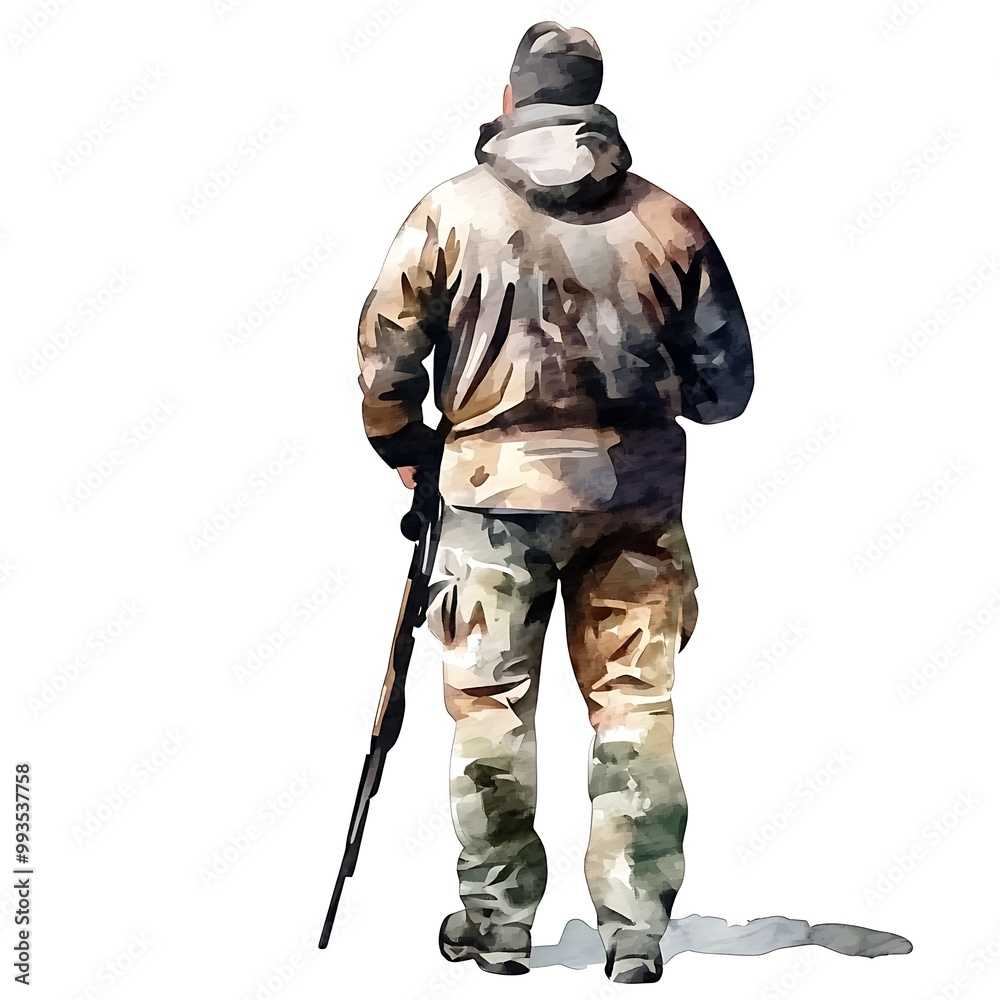 Obraz premium Rear View of a Hunter with Rifle.
