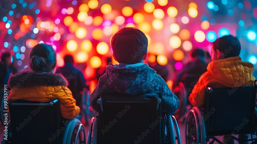 Fototapeta premium Group of children in wheelchairs participating in a musical therapy session with futuristic holographic instruments, lively atmosphere, neon lighting, psychedelic style, glowing patterns