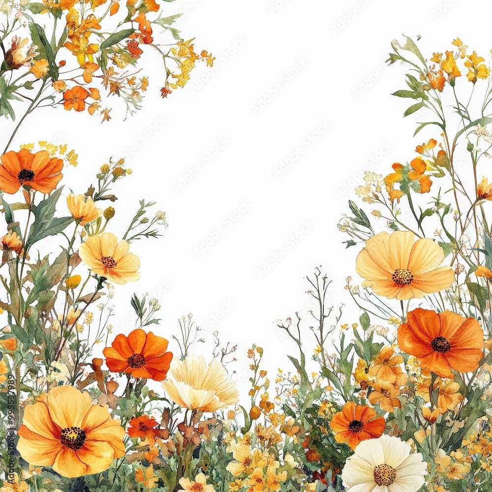 Bright flowy dahlia flowers in fire colors with plenty of negative space