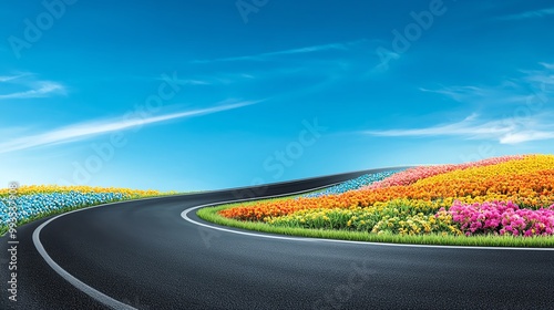 Curved road with colorful flower fields