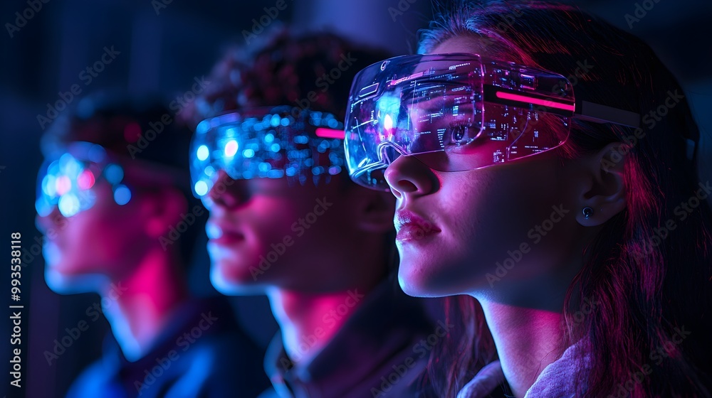 Group of students using smart glasses with augmented reality to visualize AI-generated historical timelines, digital art, holographic projections, neon blue and purple, immersive technology Group of students using smart glasses with augmented reality to visualize AI-generated historical timelines, digital art, holographic projections, neon blue and purple, immersive technology