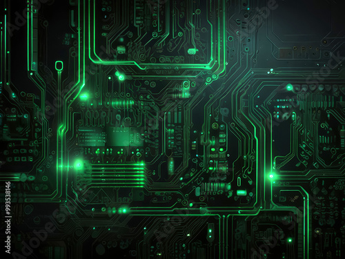 green circuit board background on dark black background, ideal for digital technology concept designs and modern electronic themes. photo