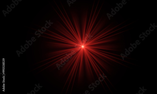 Red light effect reflections, neon illumination in red colors. Bright light lens. Police light effects, lines. Shiny stars, glowing sparks on a black background. Vector