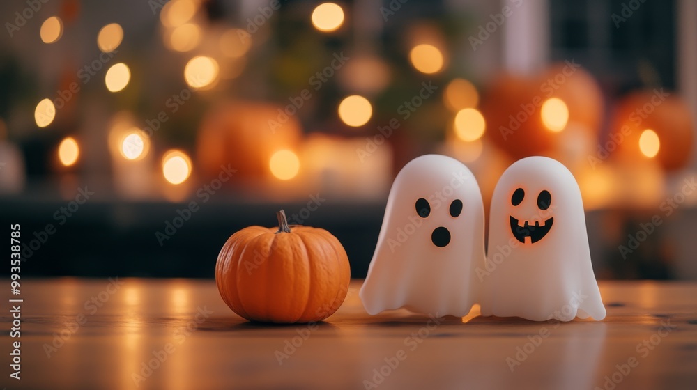 An empty scene featuring a blurred background with soft-focus playful ghosts and smiling pumpkins, creating an ideal product mockup space, An empty scene featuring a blurred background with soft-focus playful ghosts and smiling pumpkins, creating an ideal product mockup space,