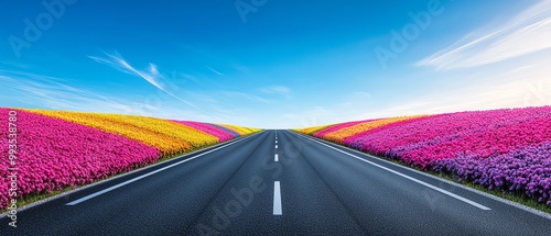 Vibrant flower fields beside empty road