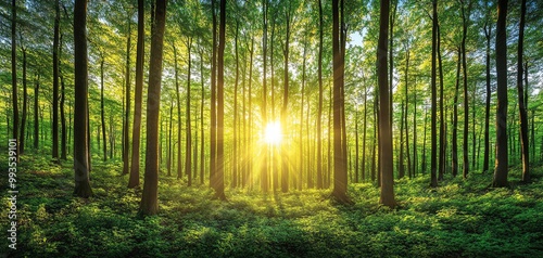 Sunlight filters through lush green trees in a tranquil forest setting. photo