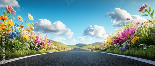 Vibrant flowers along a scenic road.