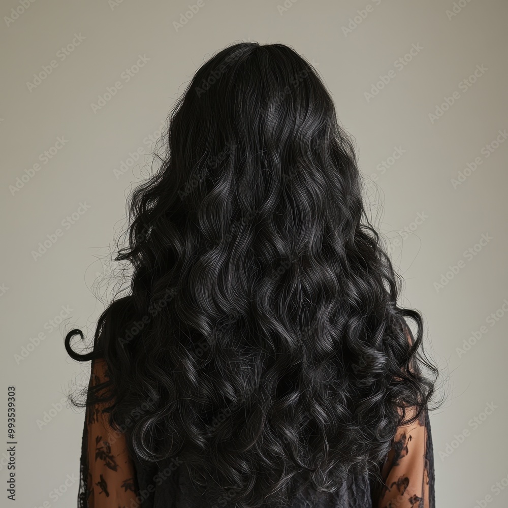 Fototapeta premium Back View of Woman with Curly Black Hair Against Minimalist White Background