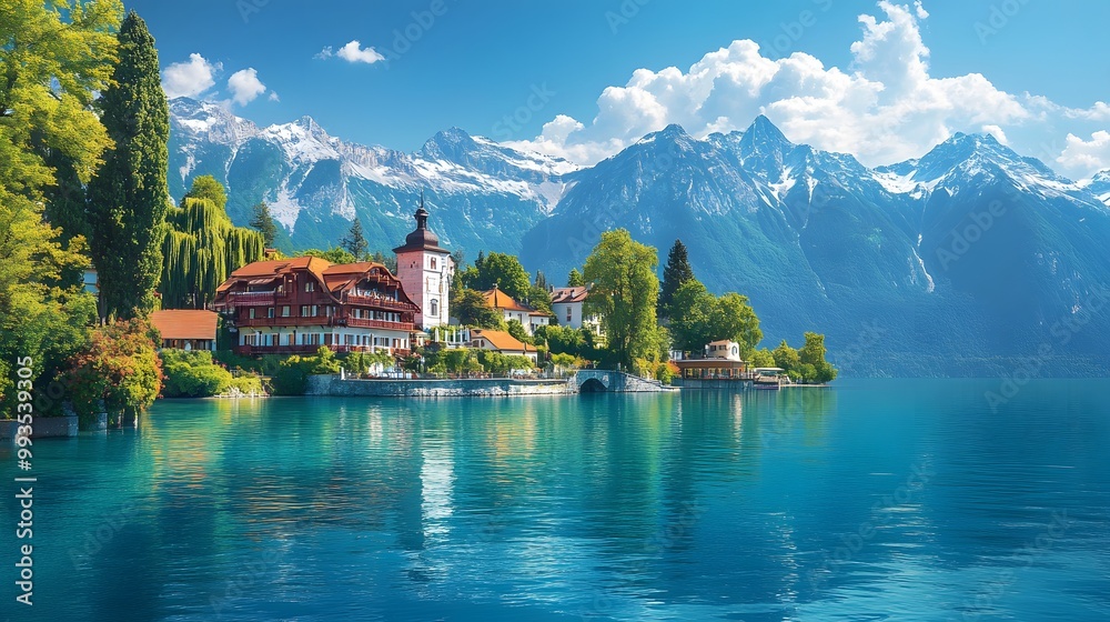 Fototapeta premium Picturesque lakeside town with snow-capped mountains, crystal clear turquoise water, charming European architecture, lush green trees, reflections on calm lake surface.