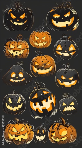 Collection of various Halloween Jack o Lantern designs, Halloween elements, Happy Halloween