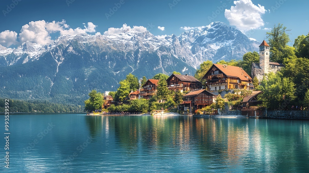 Naklejka premium Picturesque lakeside town with snow-capped mountains, crystal clear turquoise water, charming European architecture, lush green trees, reflections on calm lake surface.
