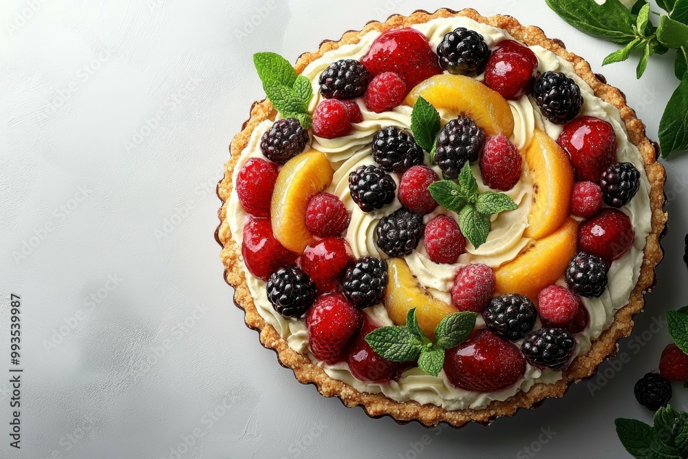 Colorful fruit tart with pastry cream, placed on the right side of a clean white table, professional overhead shot. Colorful fruit tart with pastry cream, placed on the right side of a clean white table, professional overhead shot.