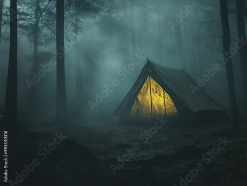 tourist tent in the middle of a mystical night forest