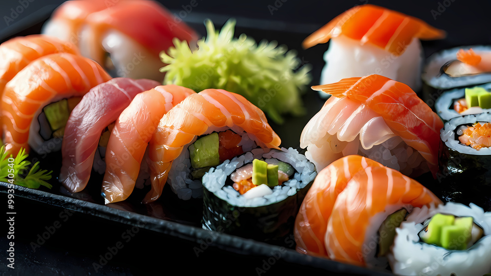 Delicious Plate of Assorted Sushi Rolls and Sashimi, Presented on black Plate. Perfect assortment of traditional Japanese food styled for blog post, menu, or restaurant use. Delicious Plate of Assorted Sushi Rolls and Sashimi, Presented on black Plate. Perfect assortment of traditional Japanese food styled for blog post, menu, or restaurant use.