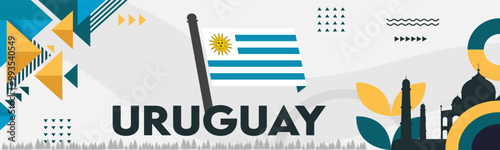 Uruguay national day banner with Uruguayan flag background and geometric abstract retro modern design. Uruguayan people. Sports Games Vector Illustration.