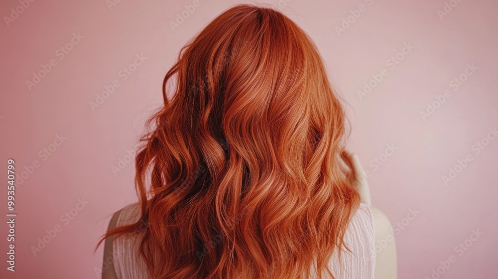 Fototapeta premium Woman Running Fingers Through Wavy Red Hair Against Pastel Pink Background