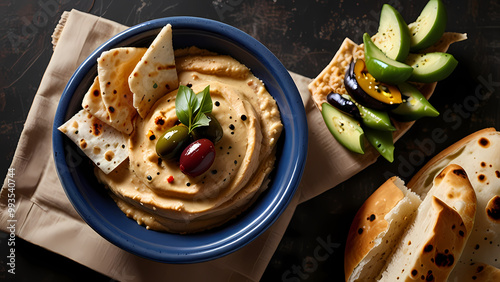 Healthy Mediterranean Platter with Hummus, Soft Pita Bread, and Marinated Olives. Popular diet plan following fresh traditional cuisine from the Med.